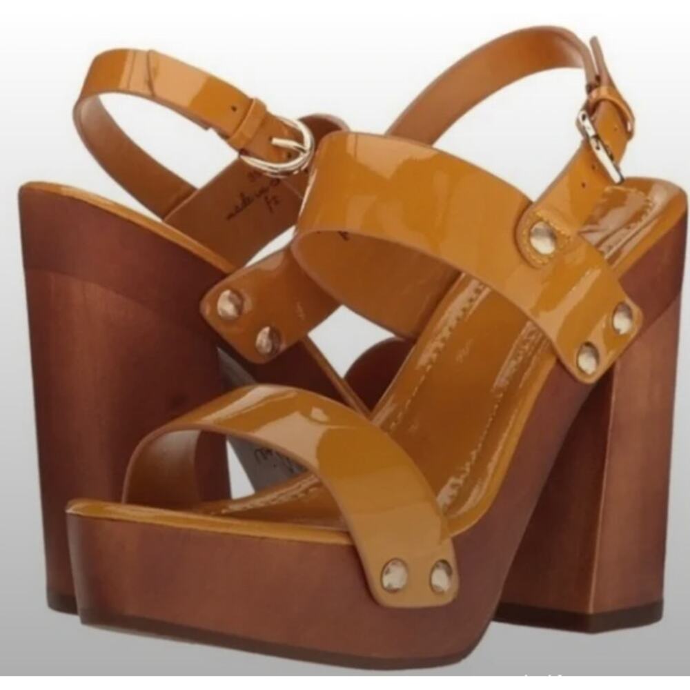 Joie Platform Sandal Heels Tan-Orange Patent Leather Wood Rivets Strappy 37 6.5‎